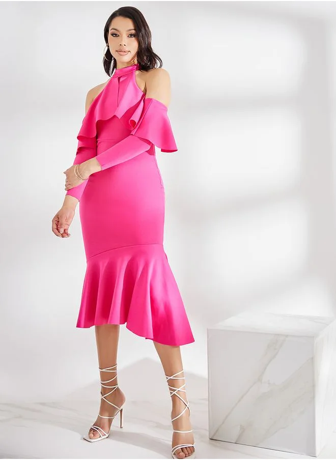 ستايلي Cold Shoulder Sleeve Ruffled Bodycon Midi Dress