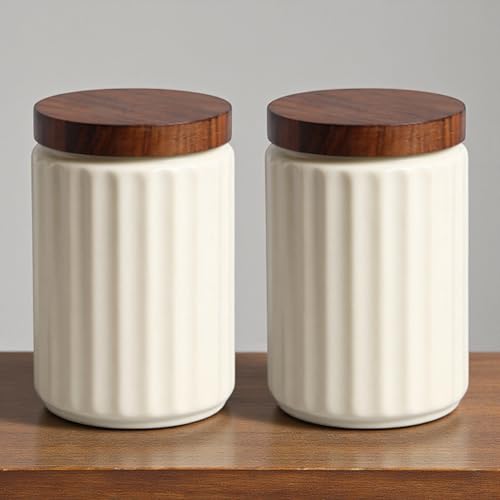 ClayStone Airtight Ceramic Jars (Pack of 2) - 1000ml Each - Wooden Lid - Kitchen Containers for Sugar, Tea, Salt, Pickles, Pulses & More (White) - Image 1