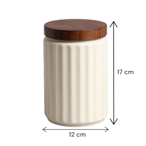 ClayStone Airtight Ceramic Jars (Pack of 2) - 1000ml Each - Wooden Lid - Kitchen Containers for Sugar, Tea, Salt, Pickles, Pulses & More (White) - Image 4