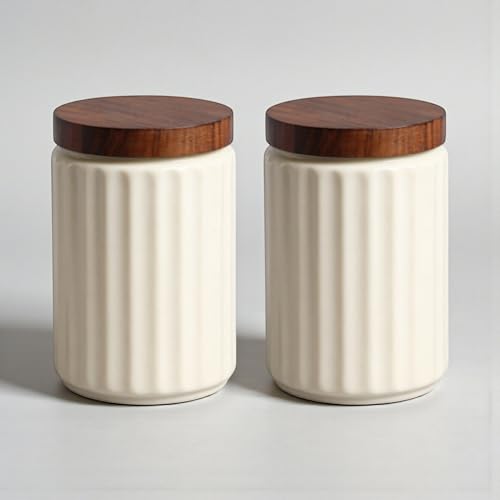 ClayStone Airtight Ceramic Jars (Pack of 2) - 1000ml Each - Wooden Lid - Kitchen Containers for Sugar, Tea, Salt, Pickles, Pulses & More (White) - Image 3