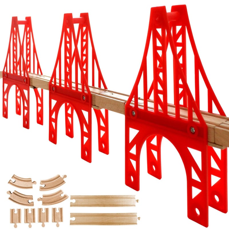 OrgMemory Wooden Train Bridges, 3 Suspension Bridge, Wooden Train Track Accessories, Wood Train Track, Train Tracks Compatible with All Major Brands, Wood Toys for Girls & Boys - Image 1