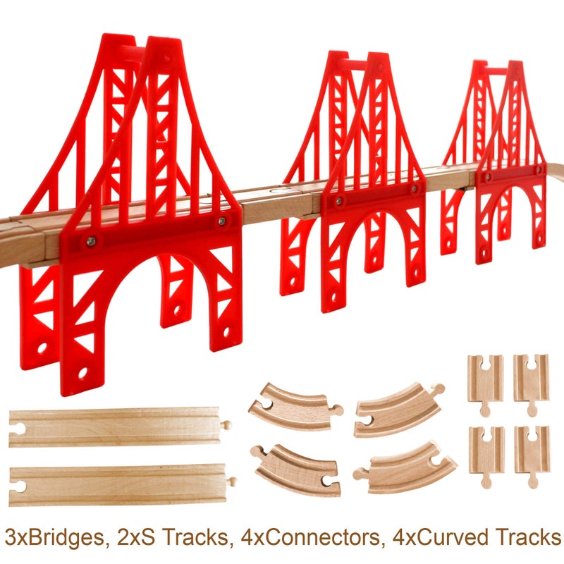 OrgMemory Wooden Train Bridges, 3 Suspension Bridge, Wooden Train Track Accessories, Wood Train Track, Train Tracks Compatible with All Major Brands, Wood Toys for Girls & Boys - Image 2
