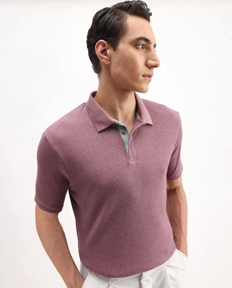 Rare Rabbit Rare Rabbit Men's Mello Dusky Pink Cotton Polyester Fabric Collared Neck Half Sleeves Textured Polo T-Shirt