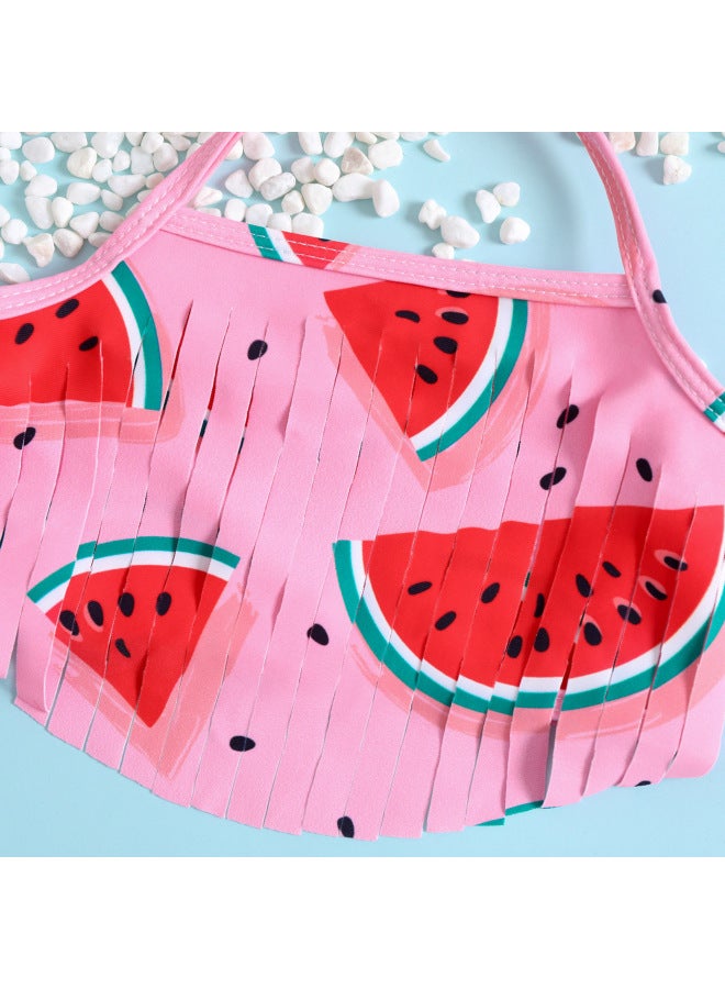 Loquat Dummy Tiger Girl Swimsuit Watermelon Printed Tassel Sling Split 3-piece Set With Cute Bow Knot-Color:Pink- - Image 3