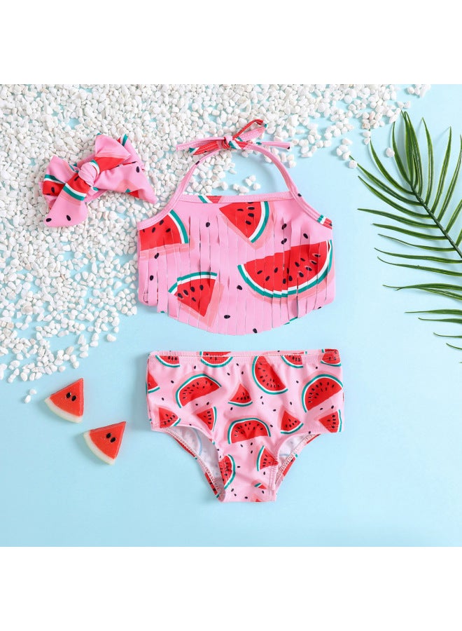 Loquat Dummy Tiger Girl Swimsuit Watermelon Printed Tassel Sling Split 3-piece Set With Cute Bow Knot-Color:Pink- - Image 1