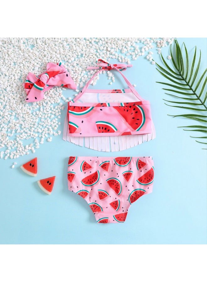 Loquat Dummy Tiger Girl Swimsuit Watermelon Printed Tassel Sling Split 3-piece Set With Cute Bow Knot-Color:Pink- - Image 2