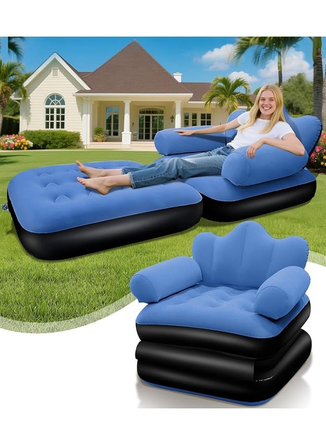 أريكة قابلة للنفخ للاستخدام الخارجي، أريكة استرخاء متعددة الوظائف، سرير قابل للنفخ 2 في 1، كرسي استرخاء مريح قابل للطي، أزرق - Image 4