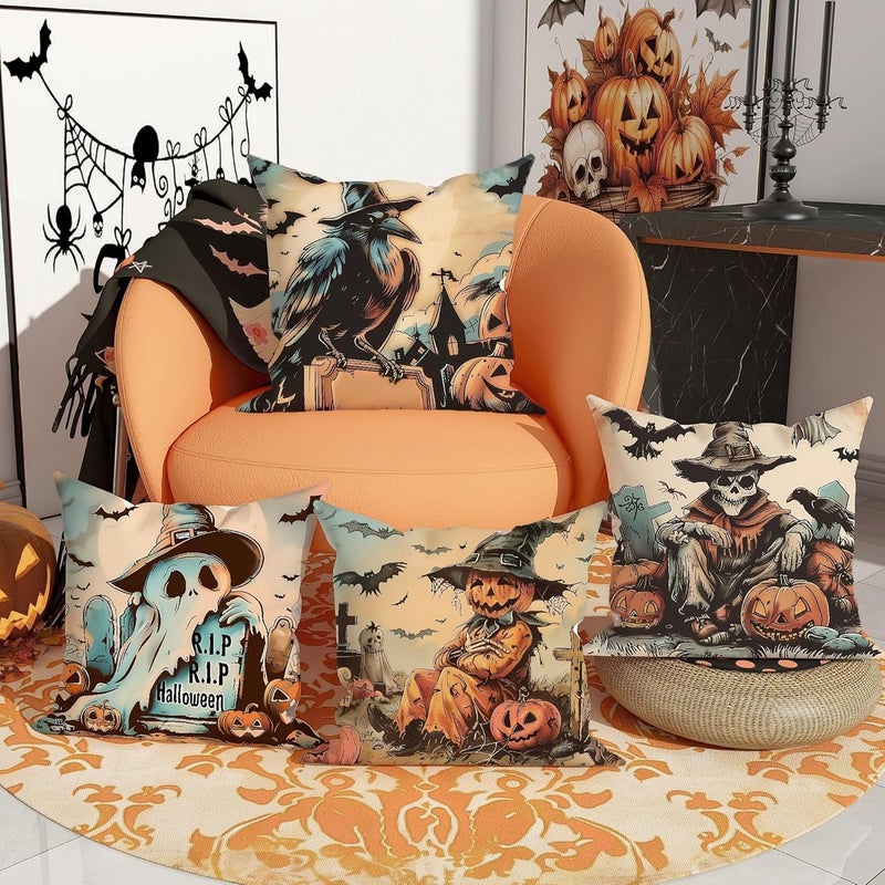 Halloween Throw Pillow Covers Set of 4, Spooky Ghost and Pumpkin Decorative Cushion Cases, Autumn Farmhouse Decor for Home Sofa Bed Couch 24x24 Inch - Image 2