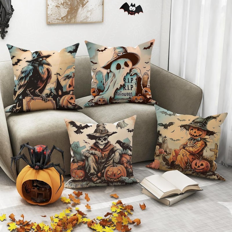 Halloween Throw Pillow Covers Set of 4, Spooky Ghost and Pumpkin Decorative Cushion Cases, Autumn Farmhouse Decor for Home Sofa Bed Couch 24x24 Inch - Image 4