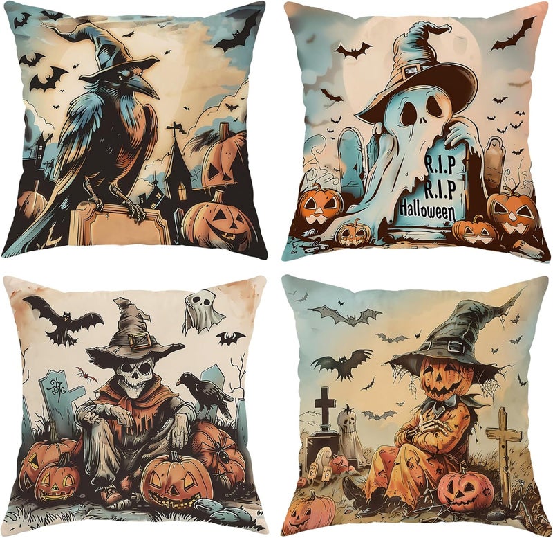 Halloween Throw Pillow Covers Set of 4, Spooky Ghost and Pumpkin Decorative Cushion Cases, Autumn Farmhouse Decor for Home Sofa Bed Couch 24x24 Inch - Image 1