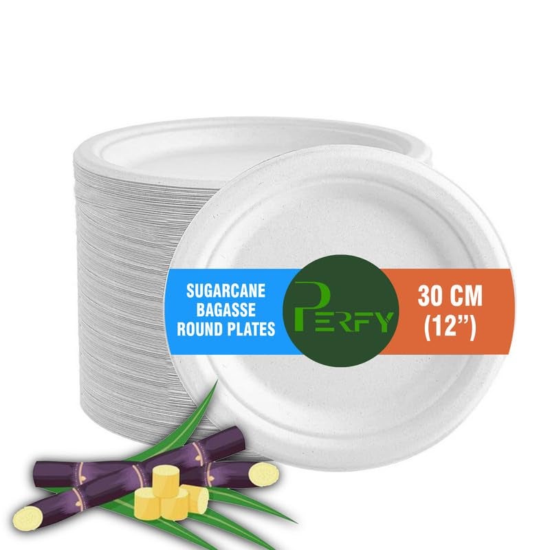 Perfy Disposable Bagasse Plates 12 inch EcoFriendly Biodegradable DisposableSugarcane Paper Plates for Serving Snacks Birthday Wedding Party WhitePack of 25 - Image 1