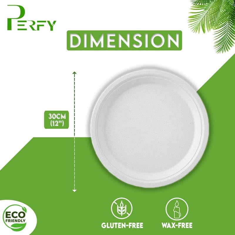 Perfy Disposable Bagasse Plates 12 inch EcoFriendly Biodegradable DisposableSugarcane Paper Plates for Serving Snacks Birthday Wedding Party WhitePack of 25 - Image 3