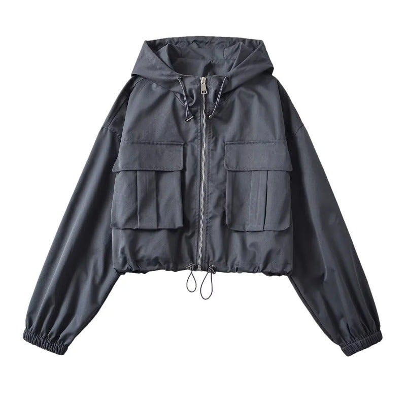 2023 early autumn design niche lightweight double Pocket Workwear slimming hem drawstring sun protection jacket hooded jacket Dark gray 