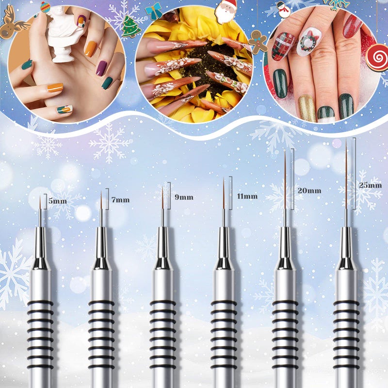 Giifnonnt Nail Art Liner Brushes Set, 6Pcs Nail Art Design Brush Striping Thin Long Lines Dotting Drawing Pen, UV Gel Polish Painting Metal Handle Striper Brushes Size 5/7/9/11/20/25mm - Image 2