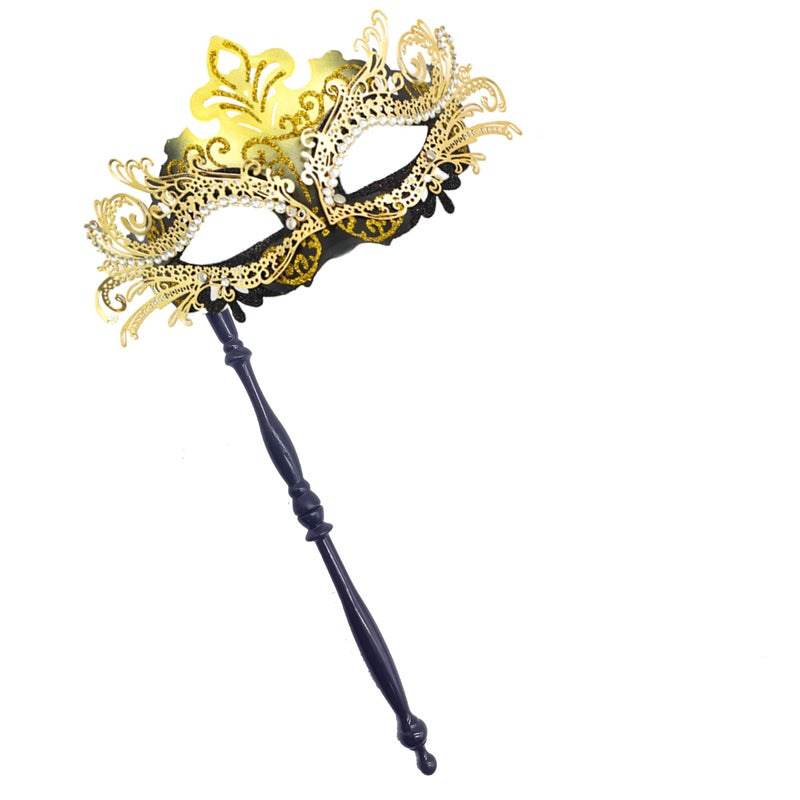 Geek-M Masquerade Mask For Women/Men  Fancy Party Face Mask Venetian Mask For Prom Ball Halloween Mardi Gras (Masquerade Mask With Stick Black+Gold) - Image 1