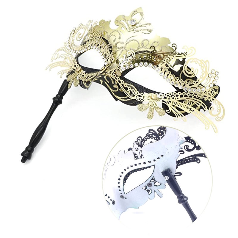 Geek-M Masquerade Mask For Women/Men  Fancy Party Face Mask Venetian Mask For Prom Ball Halloween Mardi Gras (Masquerade Mask With Stick Black+Gold) - Image 2