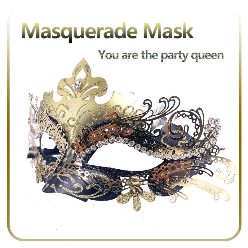 Geek-M Masquerade Mask For Women/Men  Fancy Party Face Mask Venetian Mask For Prom Ball Halloween Mardi Gras (Masquerade Mask With Stick Black+Gold) - Image 5