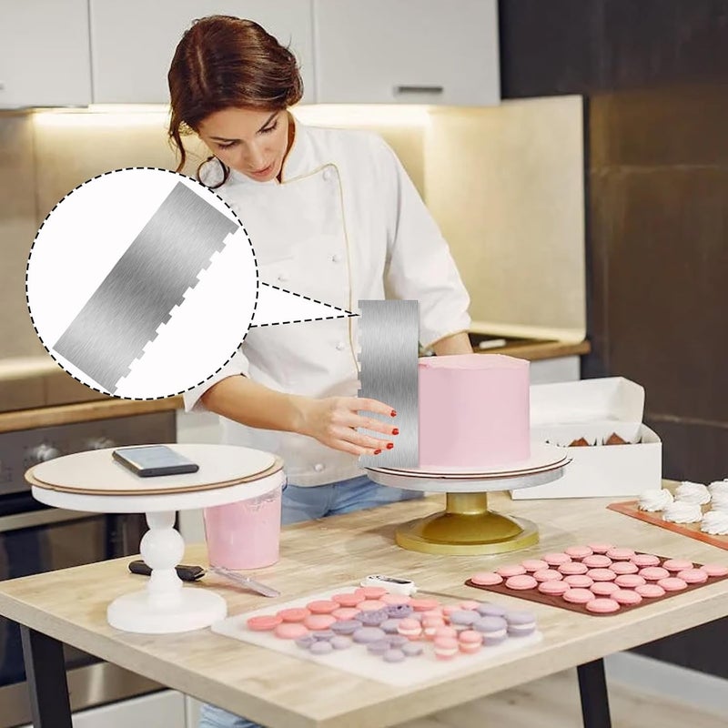 Abvsdu 2 Piece 9 Inch Stainless Steel Cake Scraper, Cream Cake Scraper Sided Patterned Edge Stripe Edge Smoother Scraper Cake Smoother Frosting Scraper Cake Decorating Comb for Mousse Butter Cream - Image 5