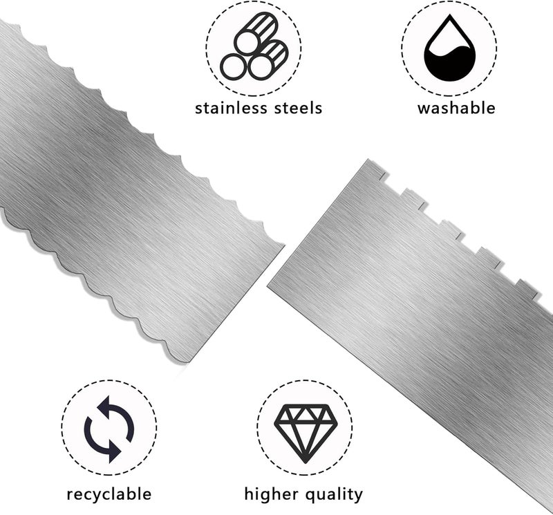 Abvsdu 2 Piece 9 Inch Stainless Steel Cake Scraper, Cream Cake Scraper Sided Patterned Edge Stripe Edge Smoother Scraper Cake Smoother Frosting Scraper Cake Decorating Comb for Mousse Butter Cream - Image 3