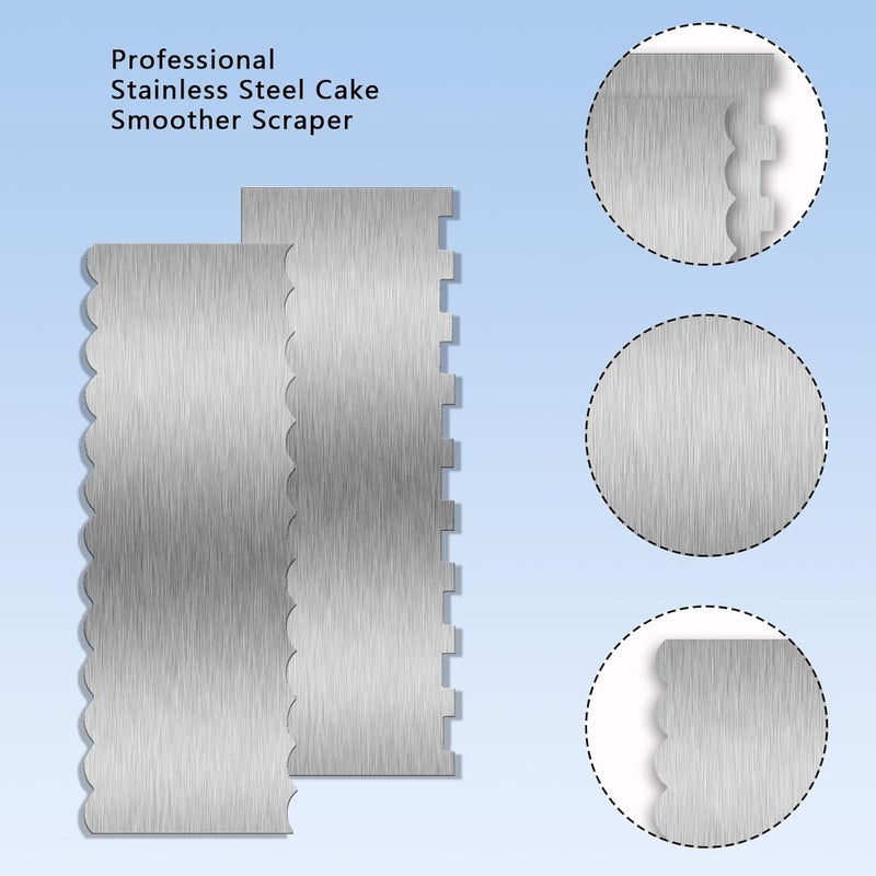 Abvsdu 2 Piece 9 Inch Stainless Steel Cake Scraper, Cream Cake Scraper Sided Patterned Edge Stripe Edge Smoother Scraper Cake Smoother Frosting Scraper Cake Decorating Comb for Mousse Butter Cream - Image 4