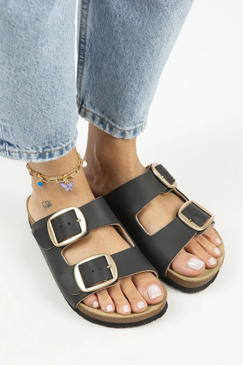 Manijero Manijero Irene Vintage Women's Genuine Leather Double Buckle Black Gold Slippers