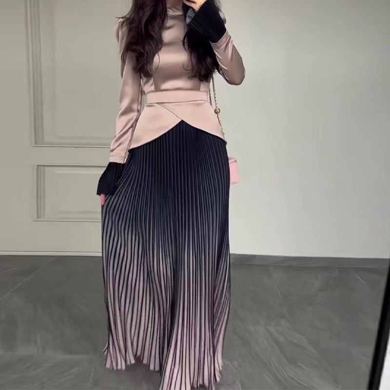 2024 Autumn European and American Cross-Border Foreign Trade New Style Mercerized Tie Waist Slimming Top and Skirt Set Rose gold - Image 1