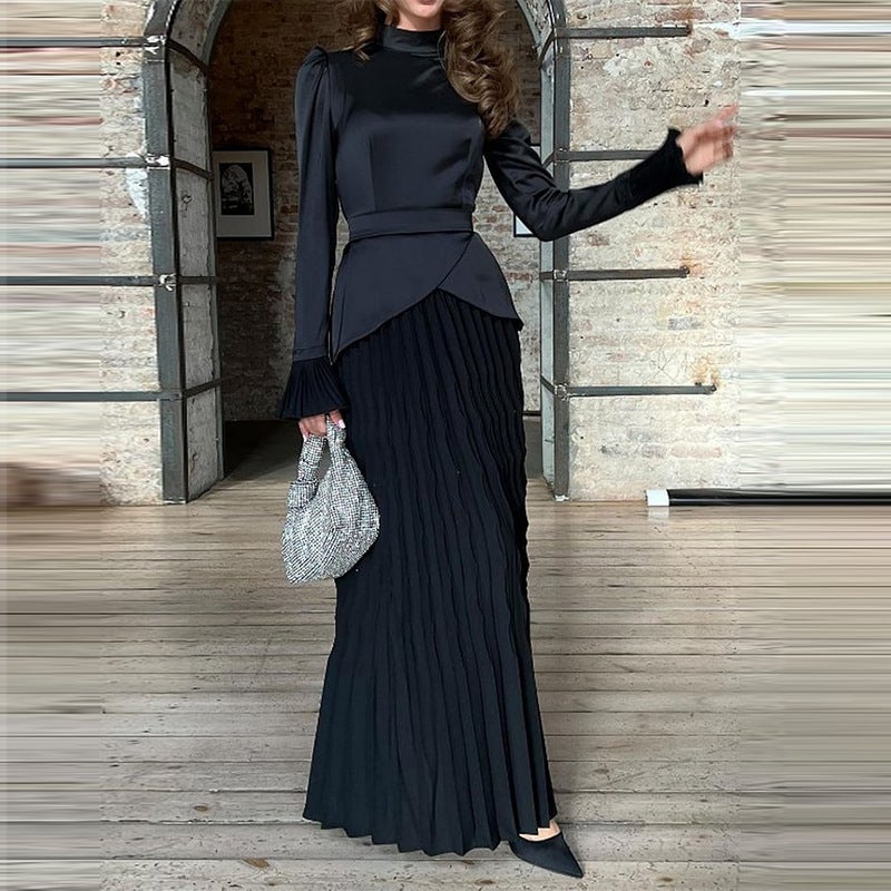 2024 Autumn European and American Cross-Border Foreign Trade New Style Mercerized Tie Waist Slimming Top and Skirt Set Rose gold - Image 2