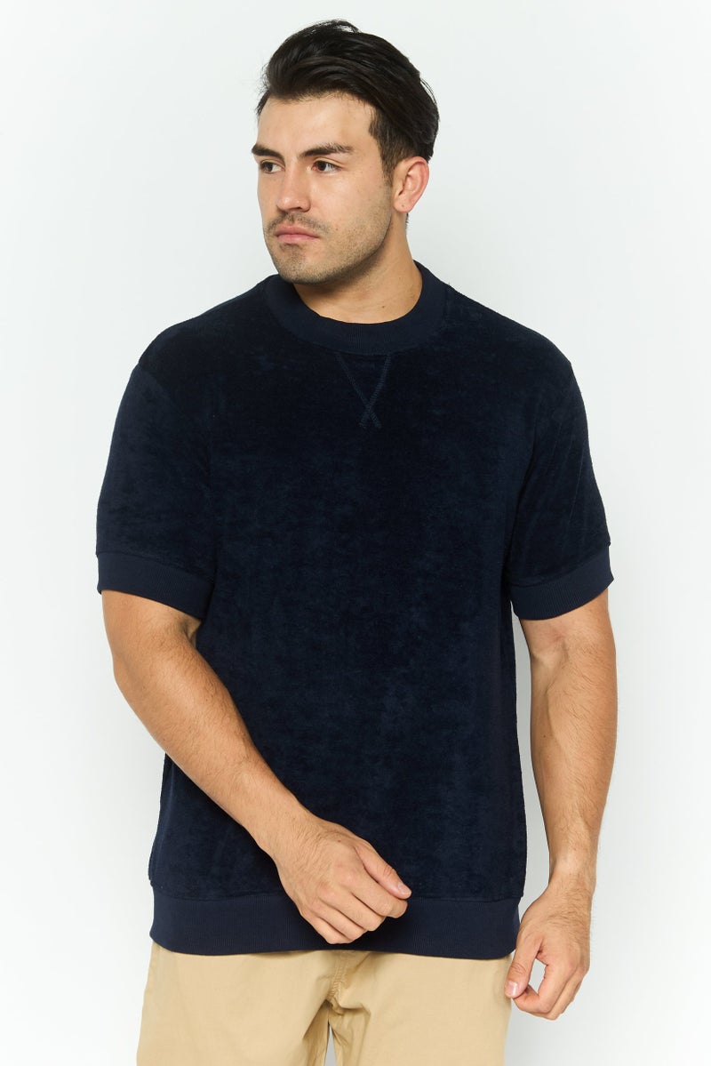 Threadbare Men Crew Neck Short Sleeve Textured T Shirt, Navy - Image 1
