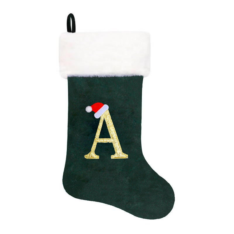 Eoocan 20 Inches Monogram Christmas Stockings Green Velvet With White Super Soft Plush Cuff Embroidered Xmas Stocking Classic Personalized Stocking Decoration For Family Holiday Season Decor(Letter A)