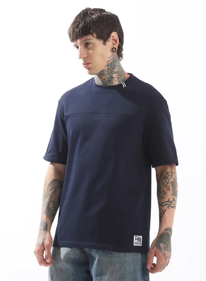 HIGH STAR  Men's Blue 100% Cotton Solid Pattern Relaxed T-Shirt  | Best Price UAE