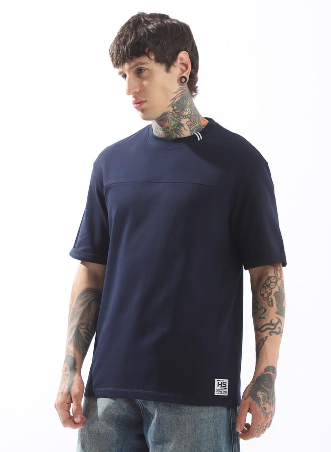 HIGH STAR Men's Blue 100% Cotton Solid Pattern Relaxed T-Shirt - Image 3