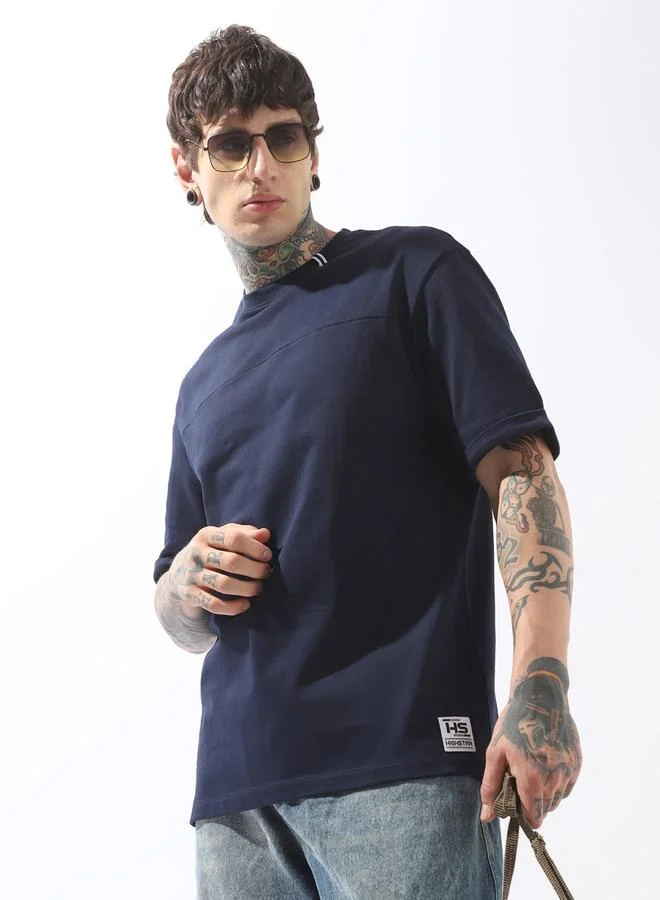 Men's Blue 100% Cotton Solid Pattern Relaxed T-Shirt