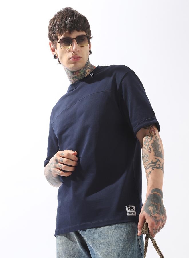 HIGH STAR Men's Blue 100% Cotton Solid Pattern Relaxed T-Shirt - Image 1