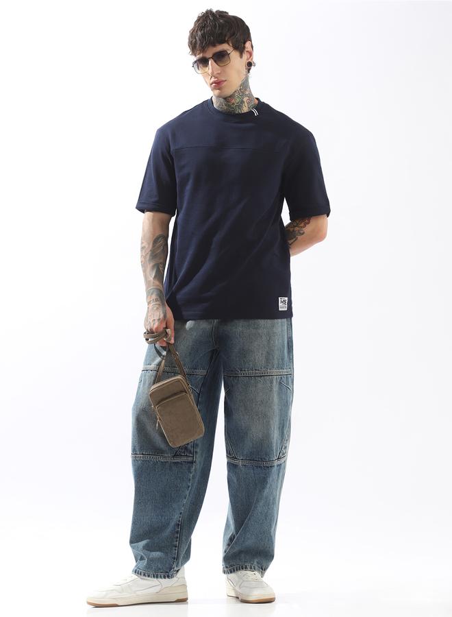 HIGH STAR Men's Blue 100% Cotton Solid Pattern Relaxed T-Shirt - Image 2