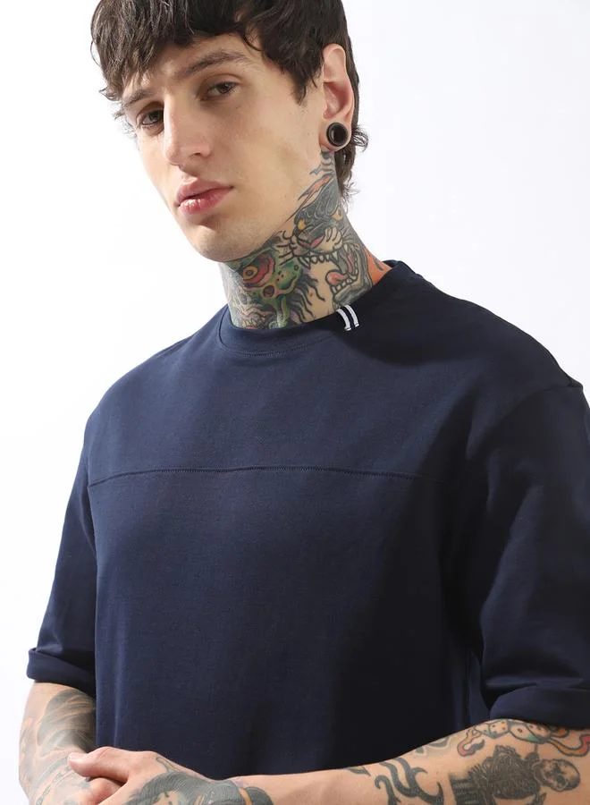 HIGH STAR  Men's Blue 100% Cotton Solid Pattern Relaxed T-Shirt  | Best Price UAE