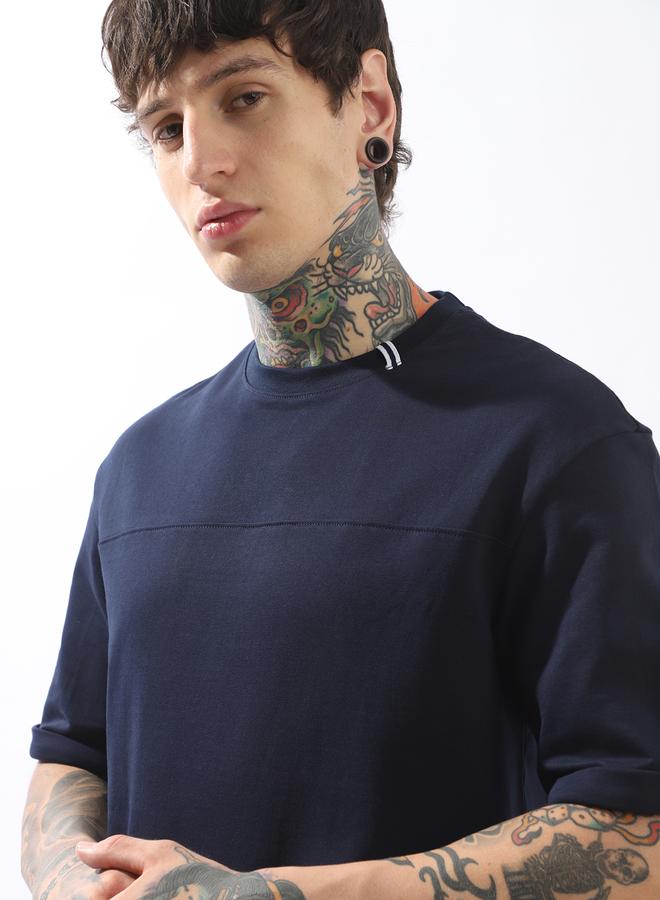 HIGH STAR Men's Blue 100% Cotton Solid Pattern Relaxed T-Shirt - Image 5