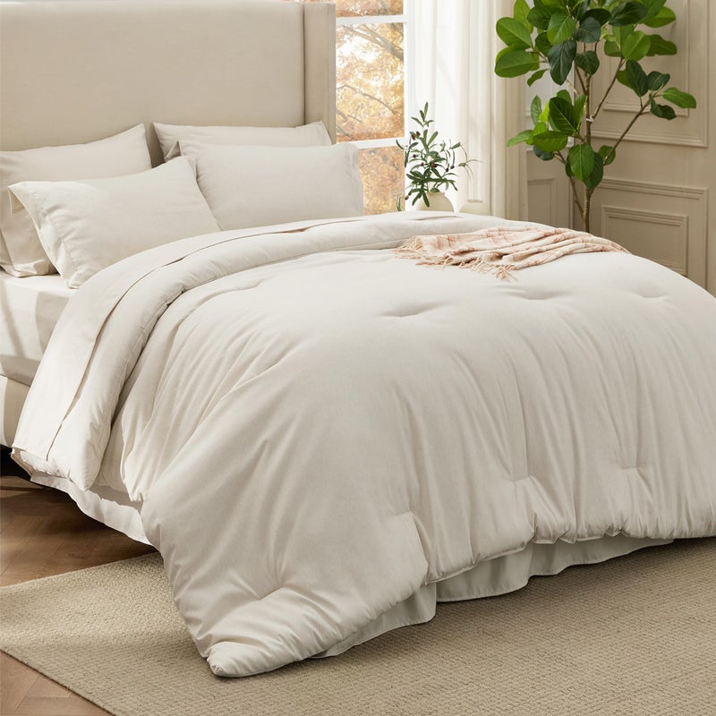 Bedsure King Size Comforter Set Beige - Bed in a Bag King Bedding 7 Pieces, Cationic Dyed Bed Set Gift for Family, Beige Soft Bedding for All Seasons Comforter with Sheets, Pillowcases & Shams - Image 1