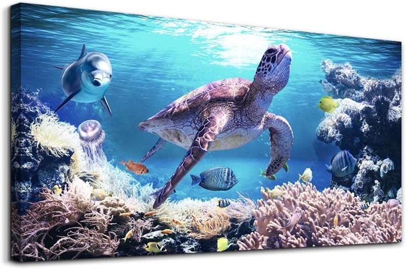 Lapremoly Canvas Wall Art For Living Room Large Size Family Wall Decorations For Bedroom Modern Bathroom Wall Decor Paintings Sea Turtles Hang Pictures Artwork Blue Ocean Canvas Art Prints Farmhouse Home Decor - Image 1
