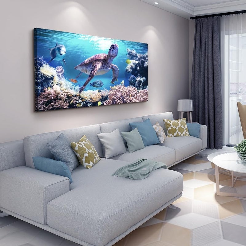 Lapremoly Canvas Wall Art For Living Room Large Size Family Wall Decorations For Bedroom Modern Bathroom Wall Decor Paintings Sea Turtles Hang Pictures Artwork Blue Ocean Canvas Art Prints Farmhouse Home Decor - Image 2