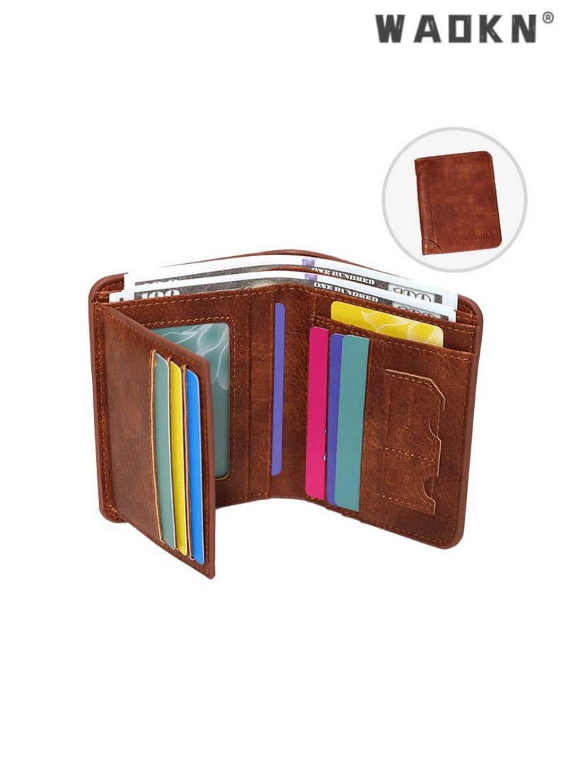 WAOKN Men's retro high-end PU material short folding wallet with multi-functional design, capable of accommodating credit cards and a coin purse—Tri-fold version brown - Image 1