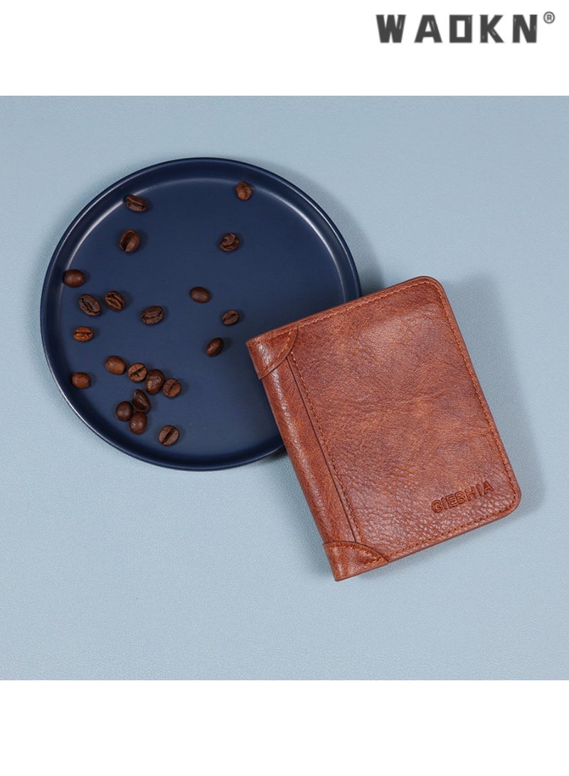 WAOKN Men's retro high-end PU material short folding wallet with multi-functional design, capable of accommodating credit cards and a coin purse—Tri-fold version brown - Image 2