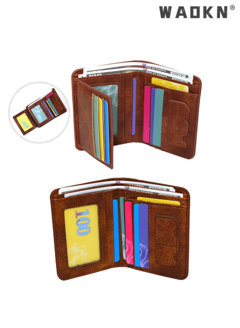 WAOKN Men's retro high-end PU material short folding wallet with multi-functional design, capable of accommodating credit cards and a coin purse—Tri-fold version brown - Image 5