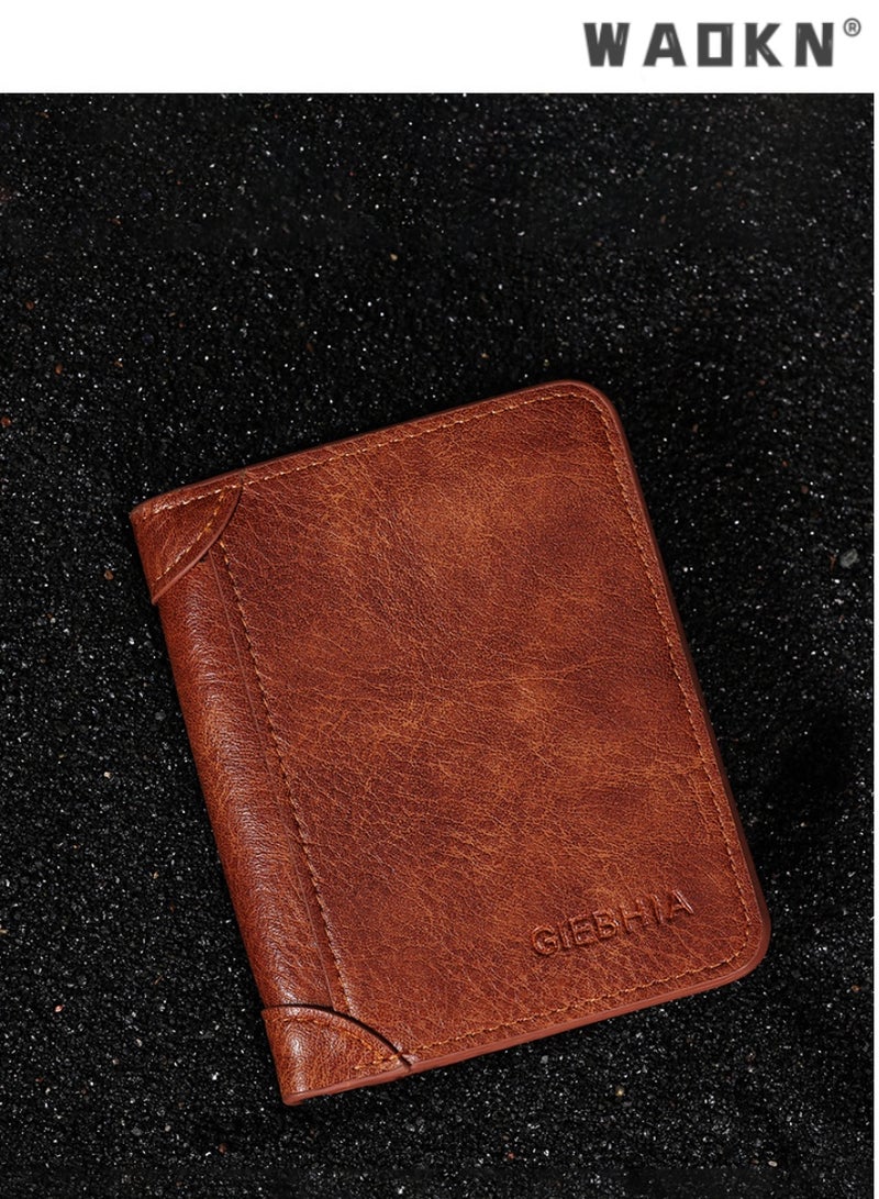 WAOKN Men's retro high-end PU material short folding wallet with multi-functional design, capable of accommodating credit cards and a coin purse—Tri-fold version brown - Image 3