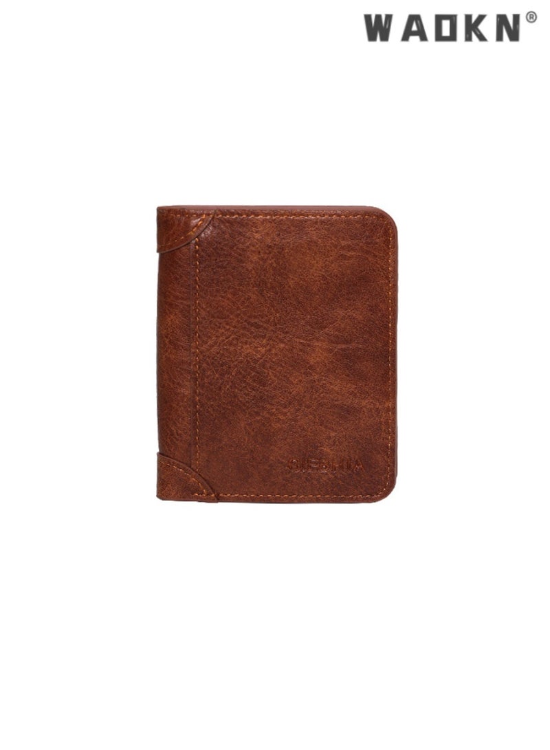 WAOKN Men's retro high-end PU material short folding wallet with multi-functional design, capable of accommodating credit cards and a coin purse—Tri-fold version brown - Image 4