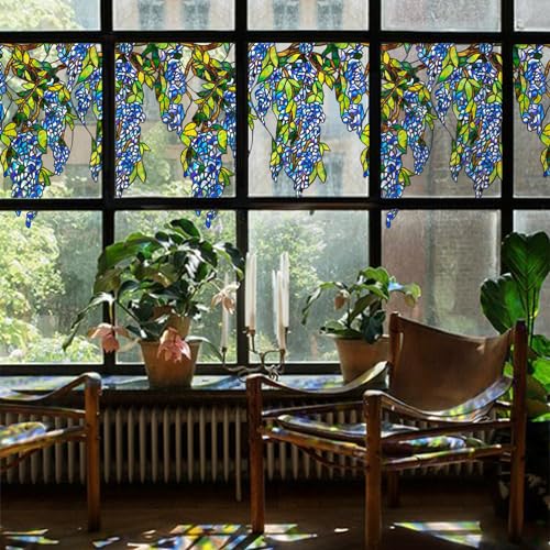 ChicSkin Original Hand Drawn Wisteria Stained Glass Window Border Film, Transparent Static Cling for Glass Window Decor, Watercolor Hanging Plants Blue Wisteria Sticker 16.93"X67.72" - Image 1