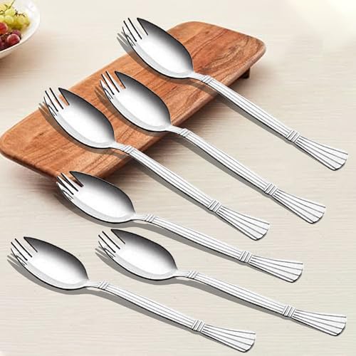 Parage 3-in-1 Stainless Steel 6 Pieces Spoon Fork Set | Spoon Cum Fork Set | Spork for Soups, Noodles| Set of 6| Length: 16 cm| Silver - Image 1