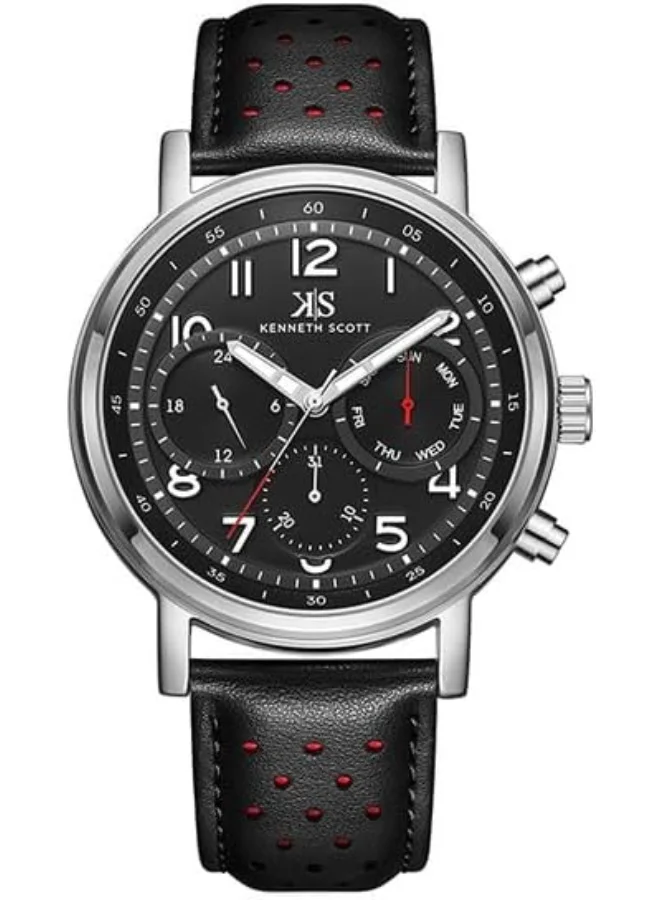KENNETH SCOTT Kenneth Scott Men's Epson VX9J Movement Watch, Analog Display and Leather Strap - K24119-SLBB, Black