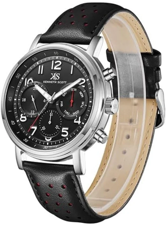 KENNETH SCOTT Kenneth Scott Men's Epson VX9J Movement Watch, Analog Display and Leather Strap - K24119-SLBB, Black