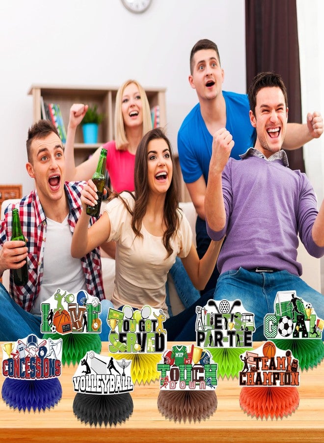 يومايها ٨ قطع من زينة حفلات أعياد الميلاد الرياضية، قطع مركزية لطاولات الطعام، كرة القدم، كرة السلة، البيسبول، الجولف، التنس، الكرة الطائرة، قطعة مركزية على شكل خلية نحل، مستلزمات حفلات أعياد ميلاد الأولاد ذات الطابع الرياضي - Image 2
