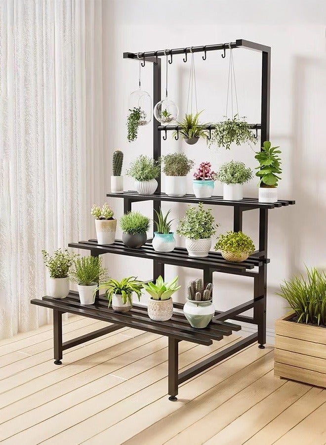 والالا حامل نباتات معدني ثلاثي الطبقات للاستخدام الداخلي والخارجي، مقاوم للماء، قابل للتكديس، رف نباتات طويل متين، حامل أواني الزهور للحديقة، رف عرض، أسود - Image 1